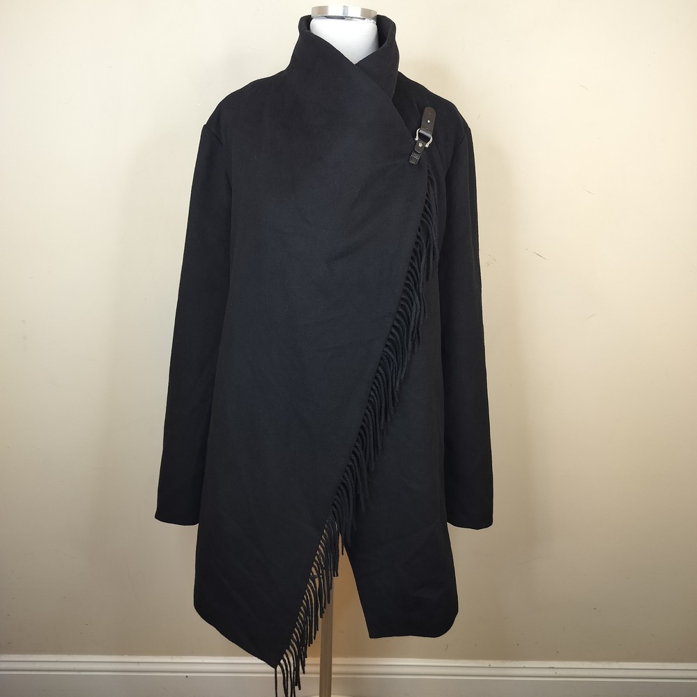 Lauren Ralph Lauren Wool Wrap Fringe Coat XL Womens Buckle Black Sweater Jacket